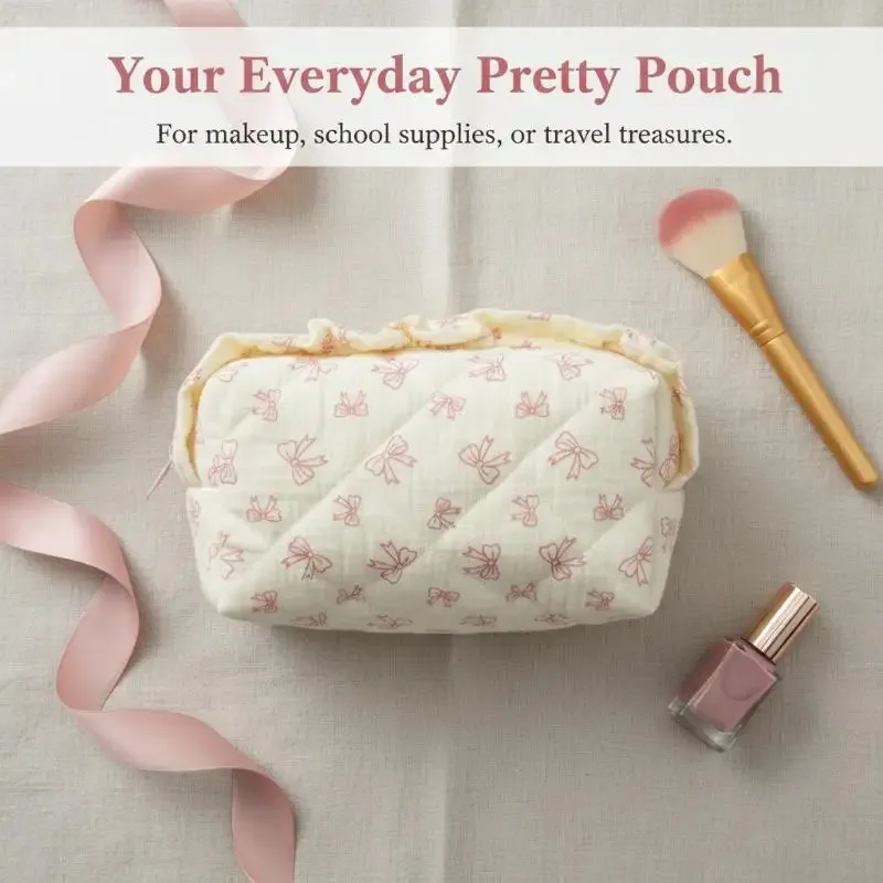 trousse de maquillage à imprimé floral, grande capacité, avec bord festonné et nœud, sac de rangement multifonctionnel pour filles, idéal pour les voyages