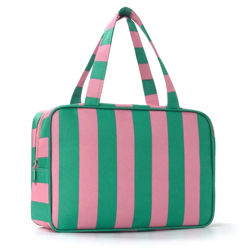 sac de rangement pour articles de toilette rayé grande capacité, pliable, multi-compartiments, sac de maquillage de voyage, pochette cosmétique durable et portable