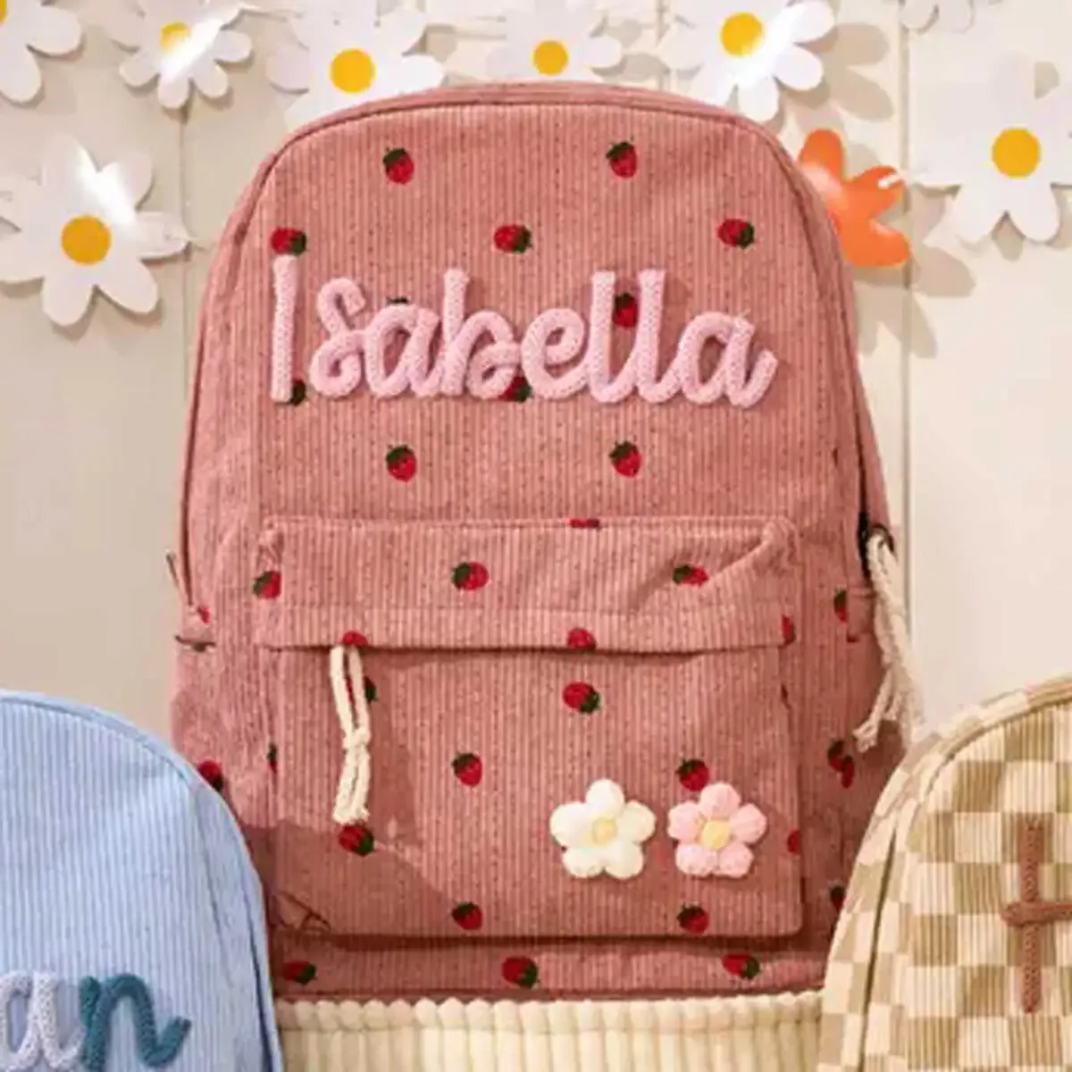 sac à dos personnalisé en velours côtelé, motif fraise/à carreaux, simple et spacieux, cadeau parfait pour la rentrée scolaire