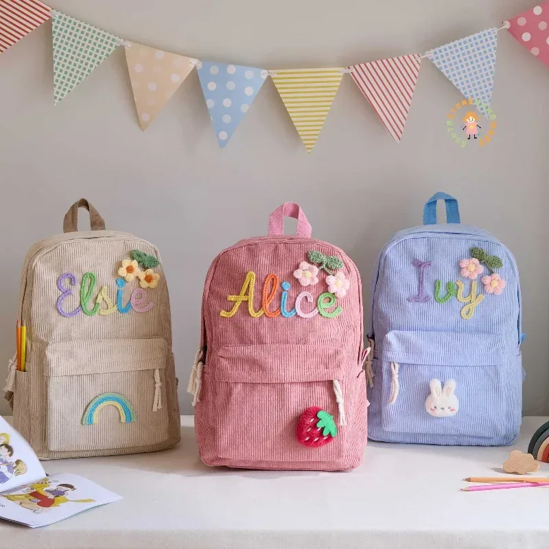 1 pièces sac à dos personnalisé grande capacité cartable en velours côtelé fait à la main nom unique personnalisé multicolore corde fil couleur décoration