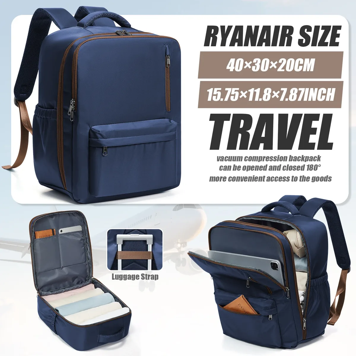 wizzair ryanair 40x30x20 sac de cabine bagages à main sac à dos hommes femmes 15.6 pouces sacs pour ordinateur portable, sac de rangement pour vêtements, sac à dos d'école