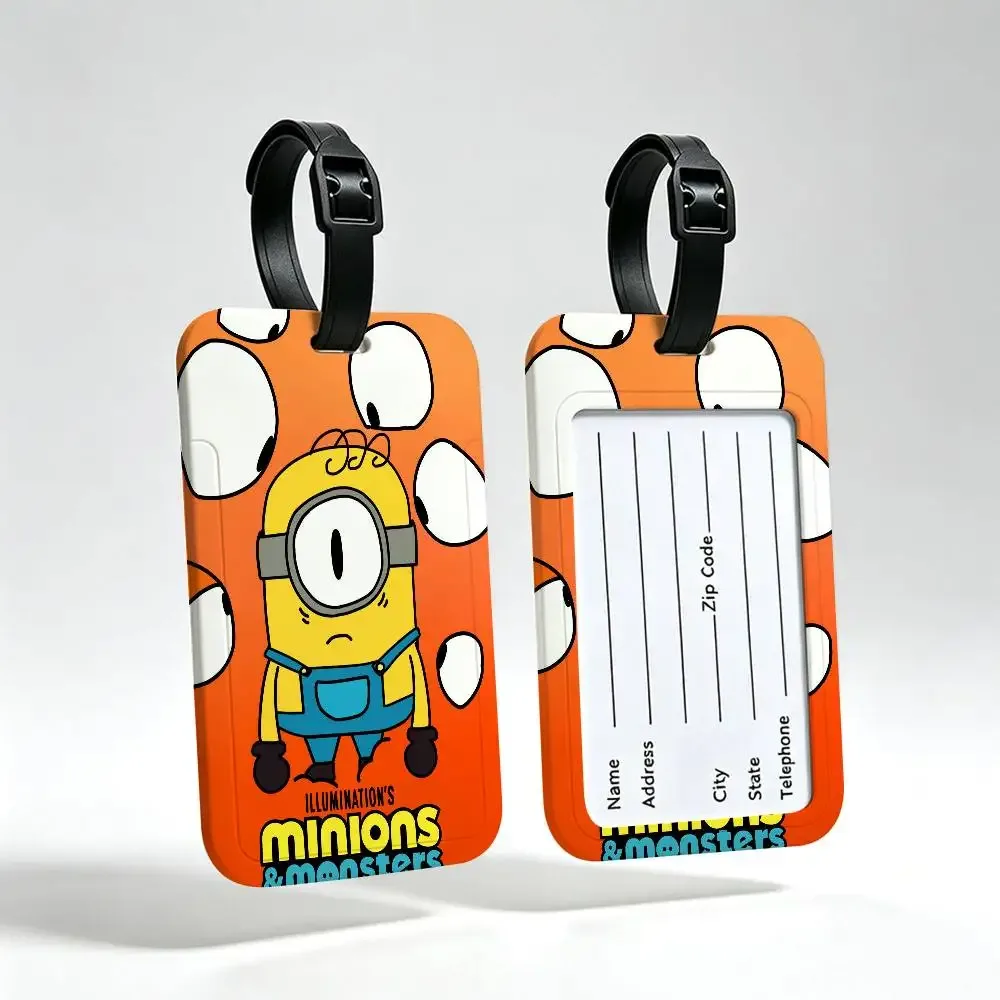 étiquette de bagage de voyage m-minions amusante et mignonne, couverture de carte d'information en pvc, marqueur de nom anti-perte pour sac à dos.