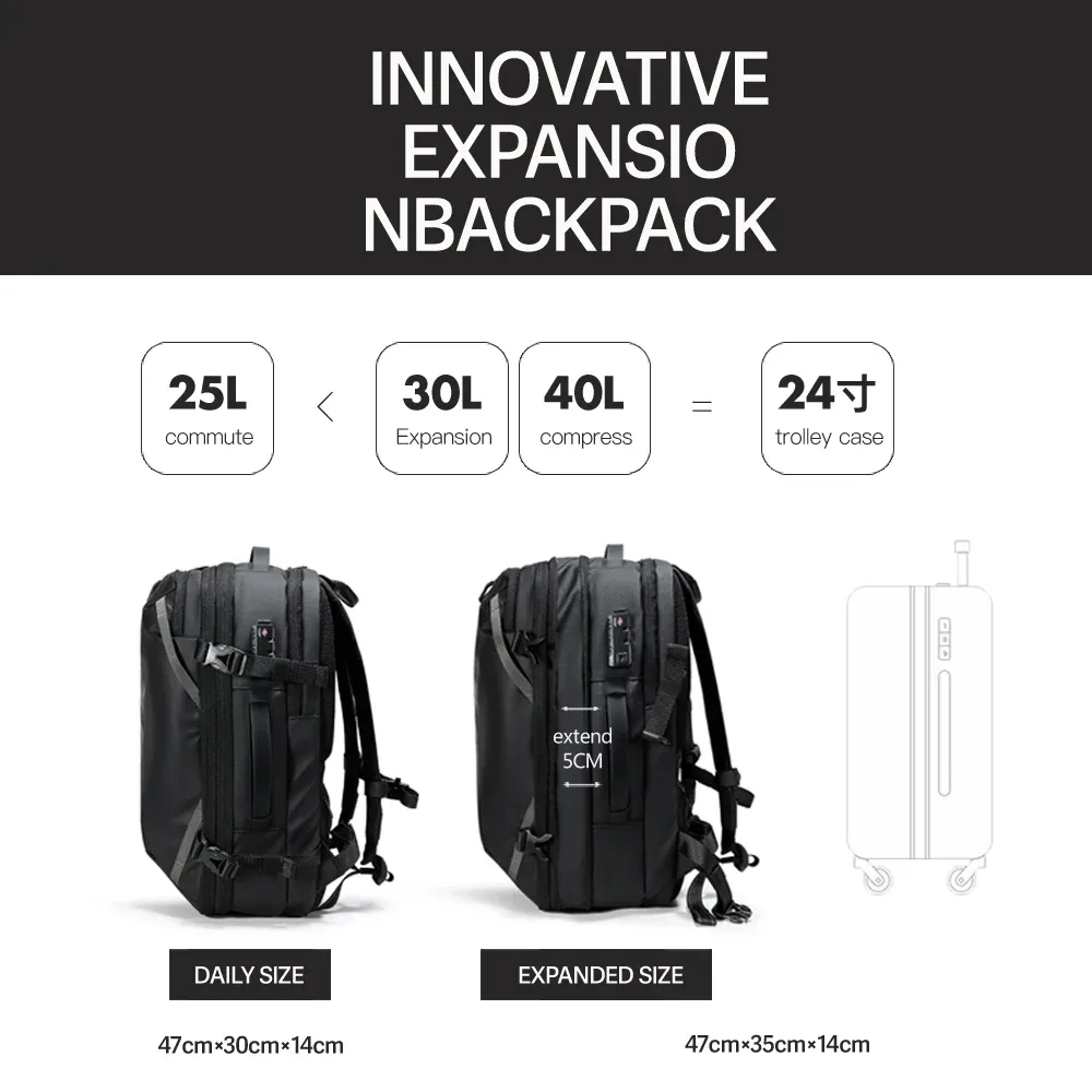 sac à dos de voyage pour hommes, compression sous vide, 40l, pour ordinateur portable, affaires, grande capacité, pour l'école, sac à dos de randonnée extensible