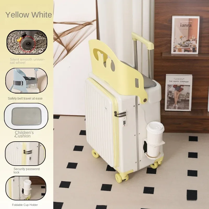 nouvelle valise pour enfants sur laquelle on peut s'asseoir, 20/22/24 pouces, valise à roulettes avec ouverture frontale, robuste et épaissie, avec porte-gobelet.