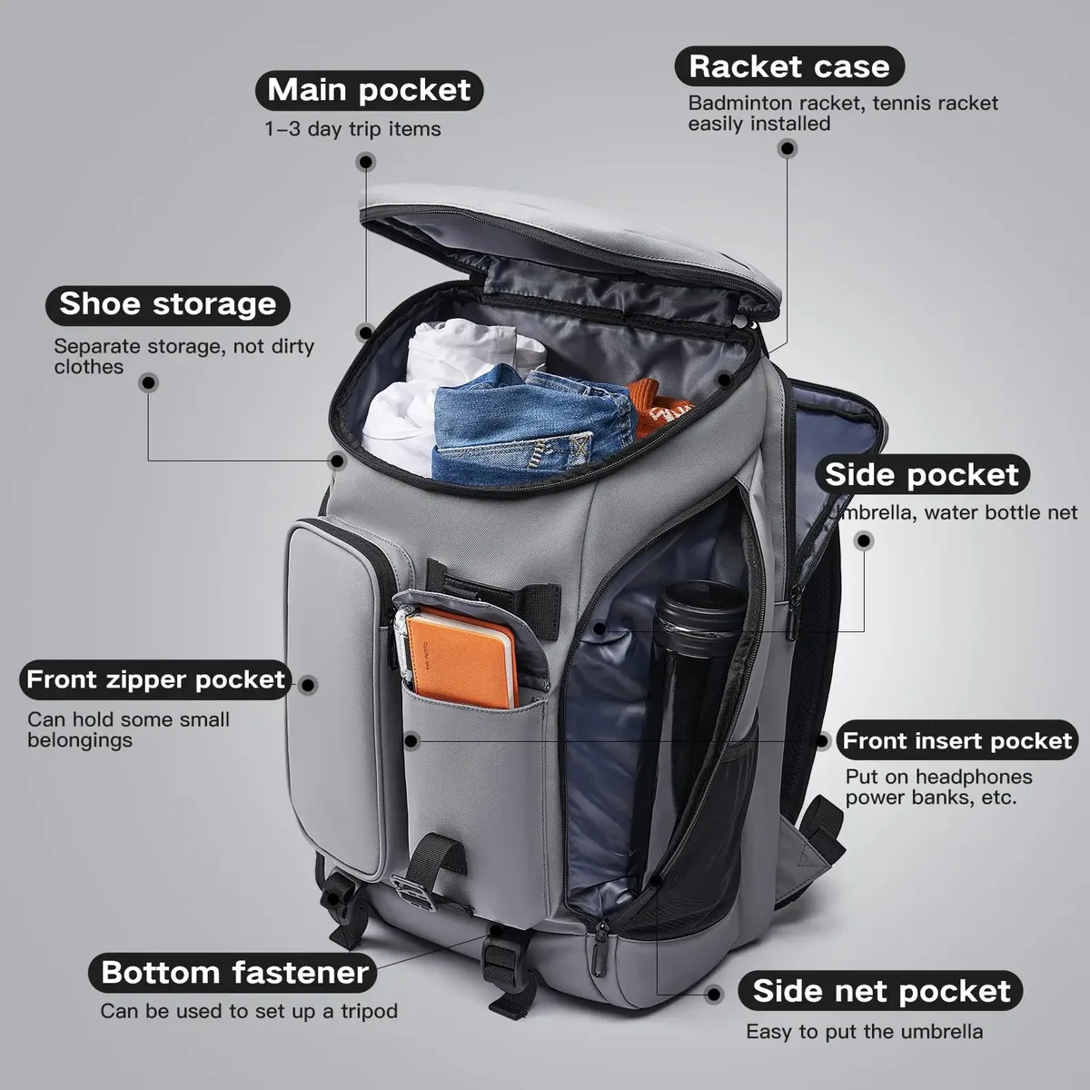 sac à dos de voyage à main 30l pour hommes et femmes, sac à dos d'affaires multi-poches adapté à un ordinateur portable de 17.3 pouces, sacs de sport avec compartiment à chaussures