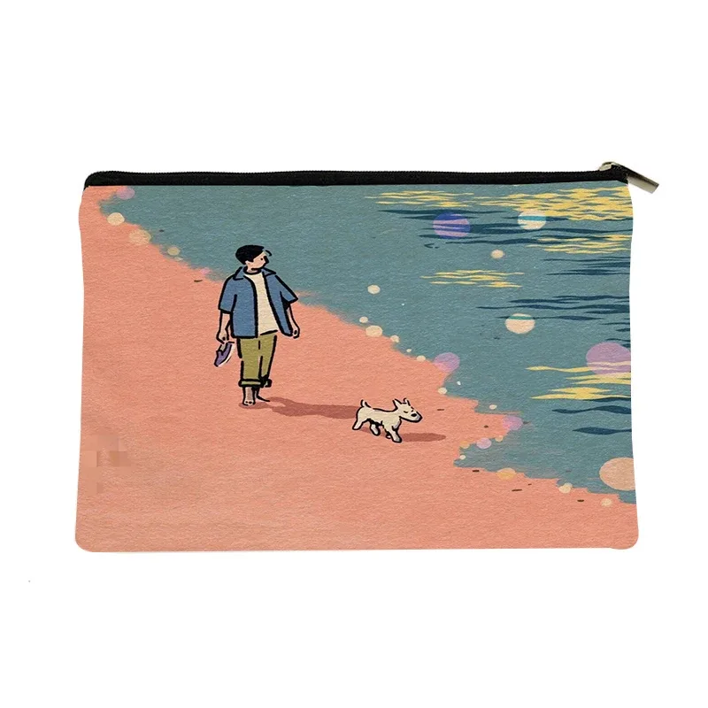 trousse de maquillage en toile sur le thème de la plage, pochette cosmétique de voyage avec fermeture éclair, organisateur de toilette portable pour femmes et filles.