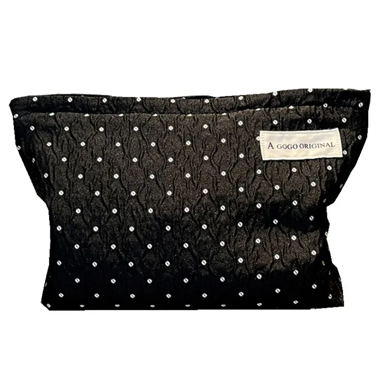 trousse de maquillage à pois avec fermeture éclair en perles, pochette cosmétique douce avec doublure, sac de rangement de toilette de voyage portable