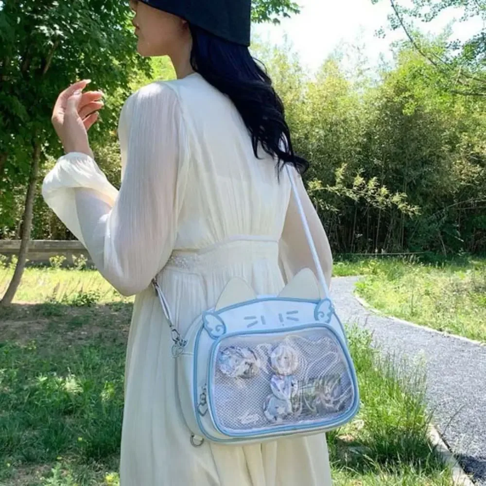 sac à fermeture éclair portable kawaii chat itabag en coton avec poche transparente en pu pour badges, sac de rangement, portefeuille, sacs à dos tendance pour enfants