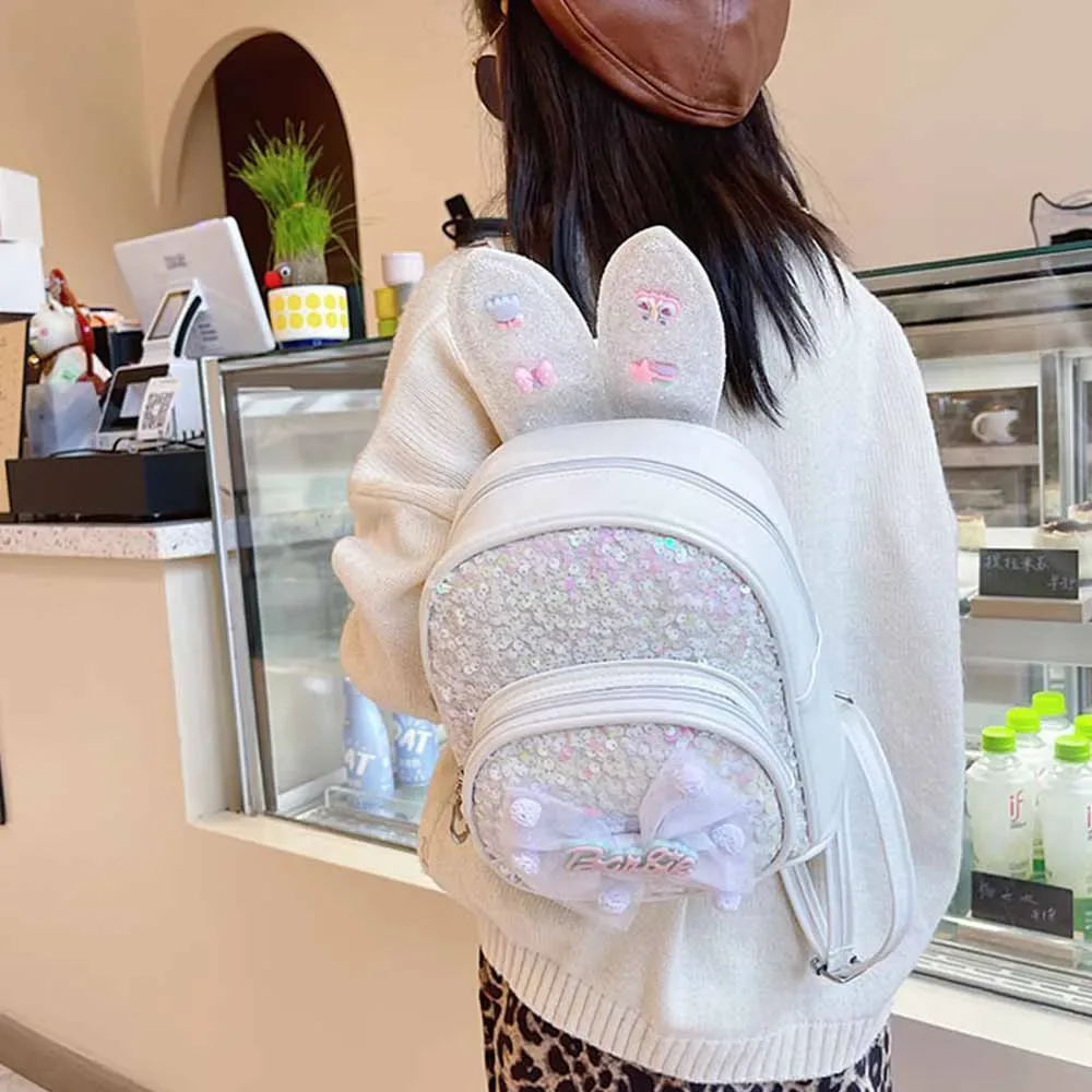 sac à dos brodé de campus de maternelle, sac de dessin animé de princesse à paillettes, sac à dos d'oreille longue à grand nœud mignon personnalisé, sac de collation d'extérieur