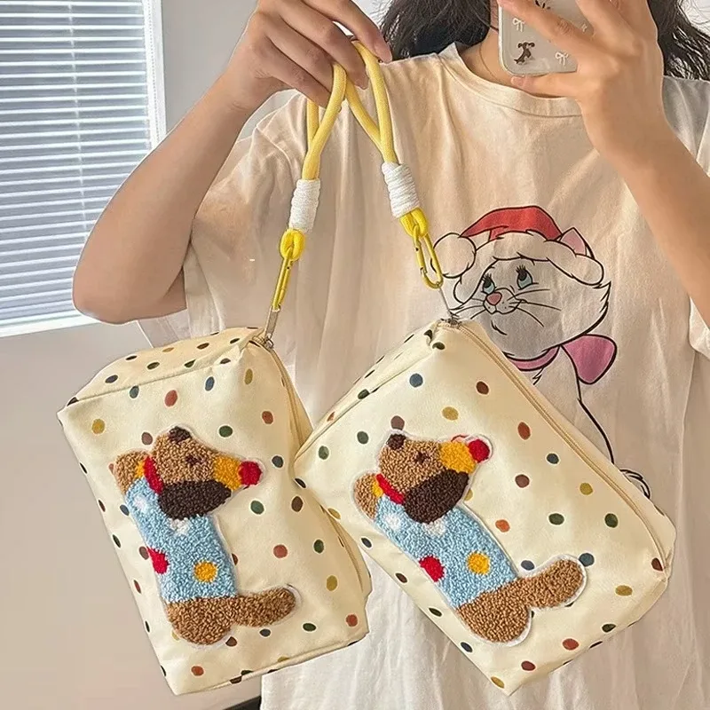 sac à cosmétiques teckel mignon de dessin animé avec corde, sac de rangement de lavage de voyage portable de grande capacité pour femmes, sac de maquillage de toilette à fermeture éclair