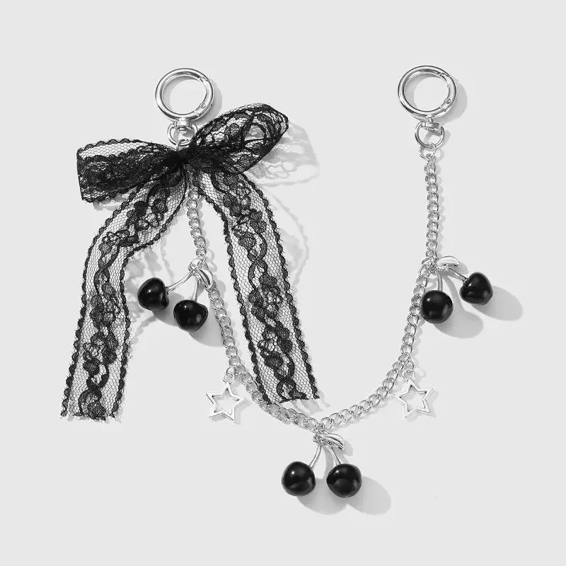 porte-clés en dentelle avec nœud cerise et fraise pour femmes, sacoche tendance, chaîne, pendentif de sac mignon, accessoires de décoration, cadeau