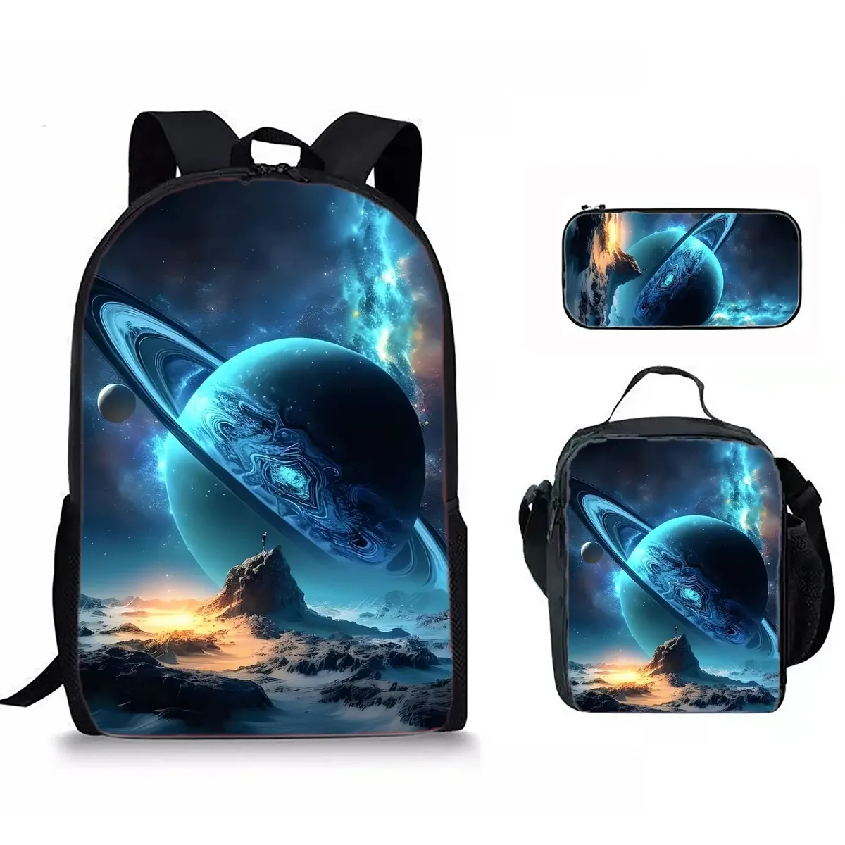 sacs de voyage pour étudiants, sac à dos pour ordinateur portable, sac à déjeuner, trousse à crayons, imprimé 3d hip hop youthful novelty space planet, 3 pièces/ensemble