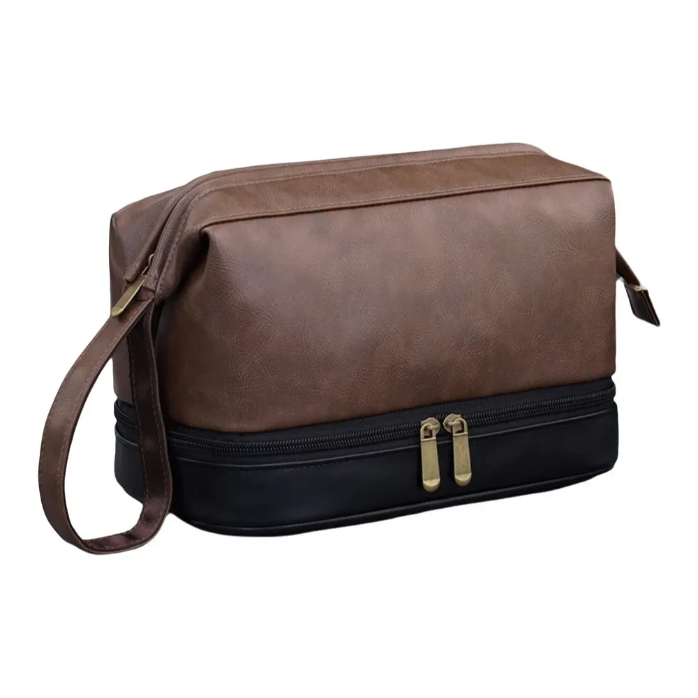 trousse de toilette rétro en cuir pu pour hommes, grande capacité, séparation sec-humide, étanche, pochette de maquillage professionnelle pour hommes