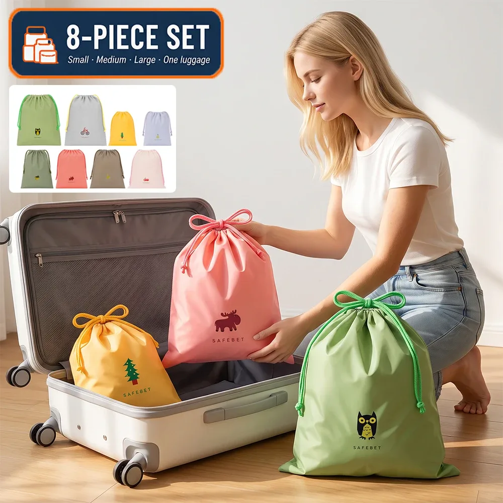 Lot de 8 sacs de rangement imperméables avec cordon de serrage et motifs de dessins animés distinctifs, sacs de voyage pour vêtements