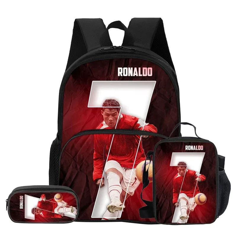 ensemble de 3 pièces avec sac à dos à poche avant ronaldo, sac isotherme pour le déjeuner, trousse à crayons cr, sac à dos de star du football