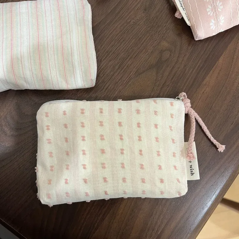 sac de maquillage rose à rayures et pois pour femmes, porte-monnaie portable, porte-cartes, portefeuille, sac de rangement pour rouge à lèvres, sac organisateur de cosmétiques