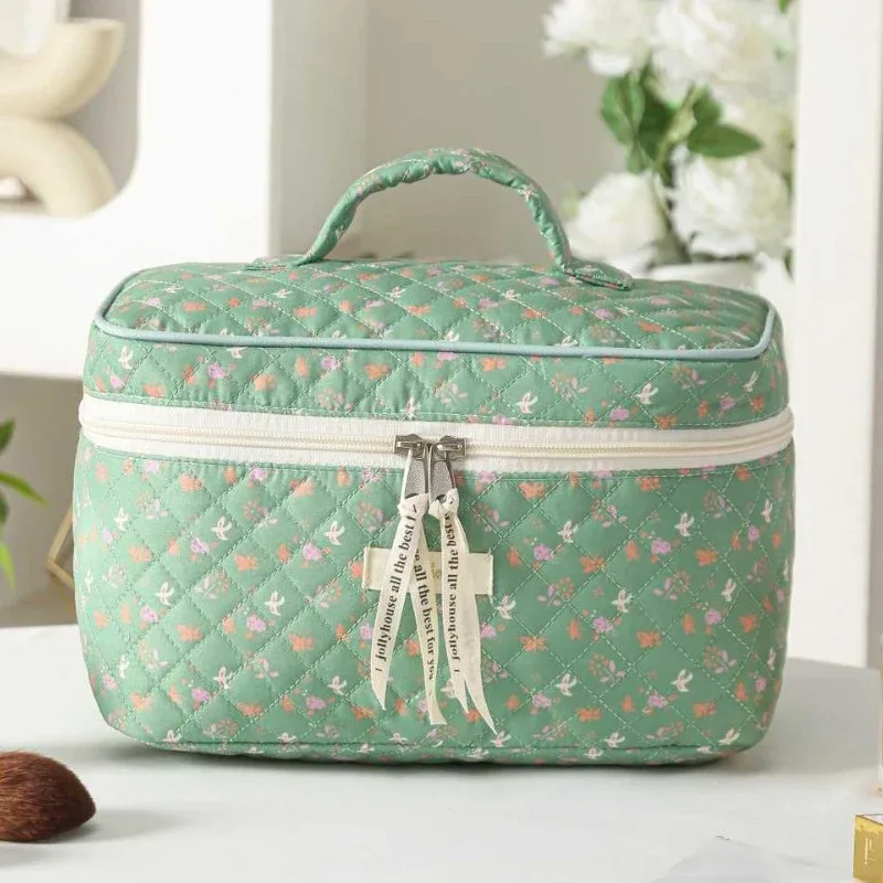 sac de maquillage en coton matelassé pour femmes, mignon, organisateur de cosmétiques à fermeture éclair, sac à main en tissu féminin en forme de boîte, trousse de toilette portable pour filles