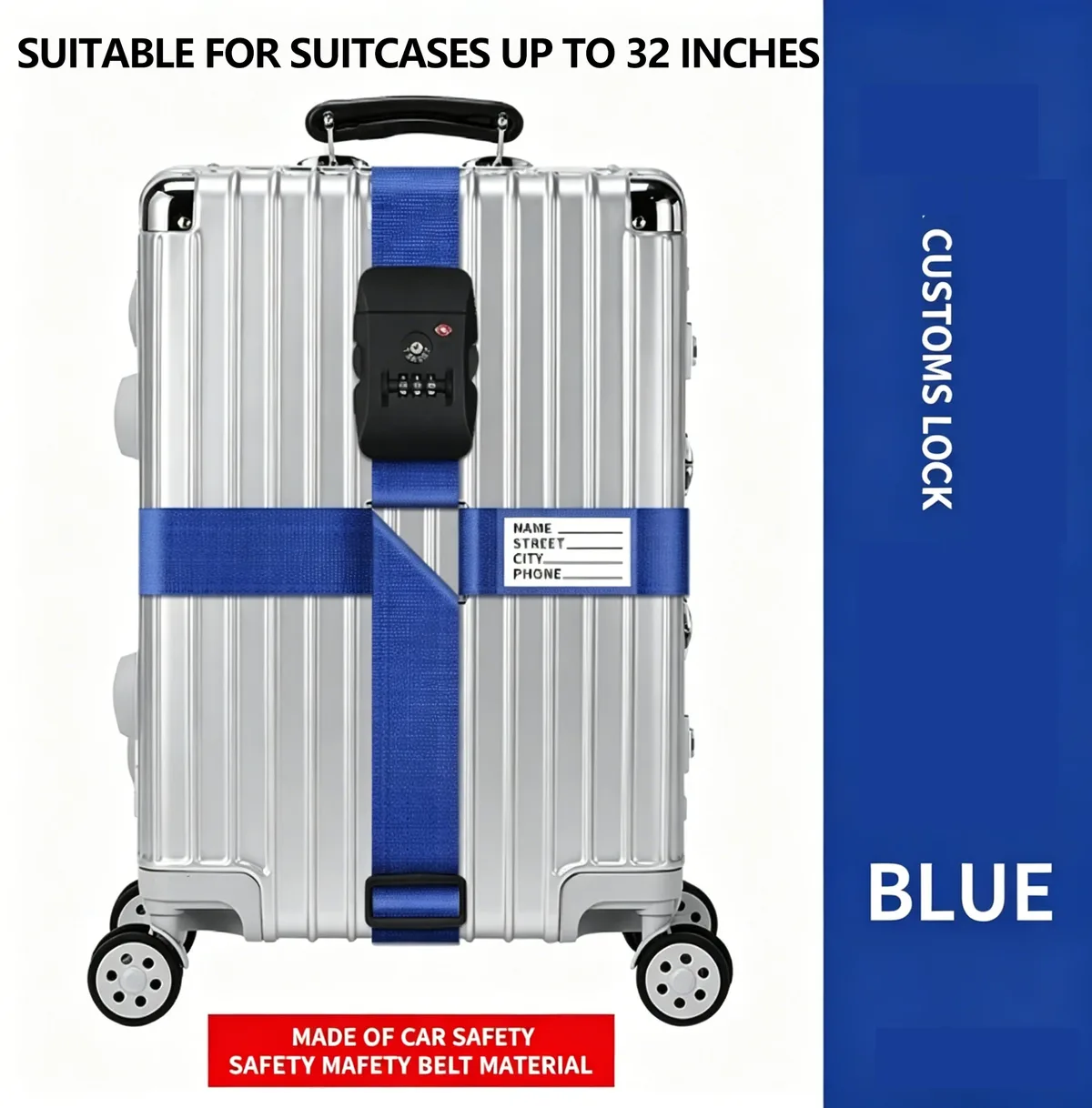 sangle de bagage croisée avec serrure tsa, sangle de valise à longueur réglable avec étiquette d'identification transparente, ceinture de voyage durable pour bagages