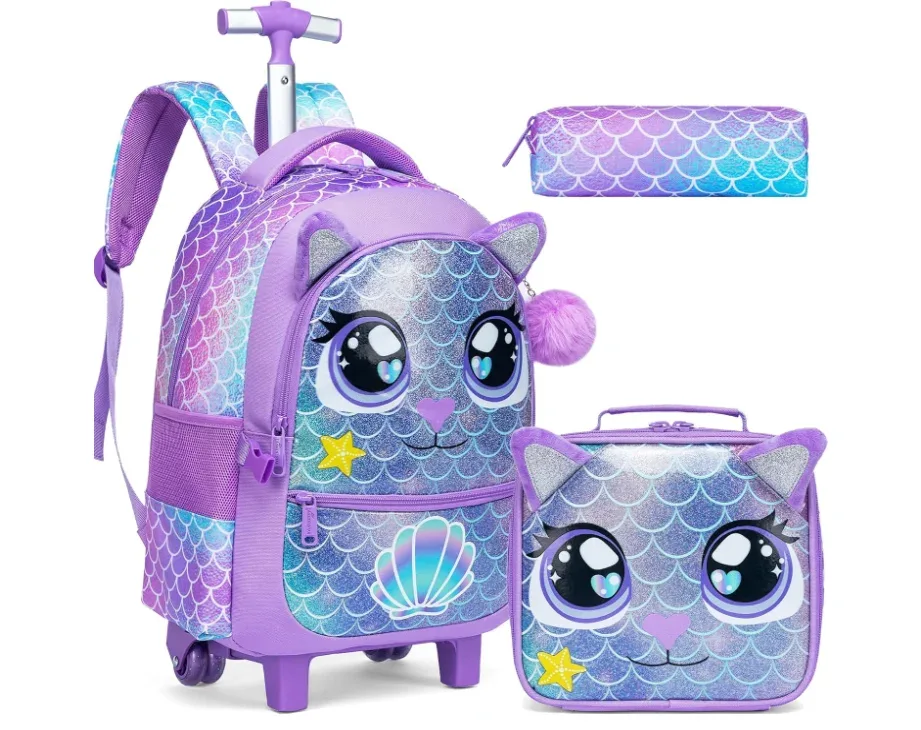 sac à dos de voyage pour enfants, sac à dos d'école à roulettes pour filles, bagages de voyage 3 en 1, valise à main avec sac à déjeuner