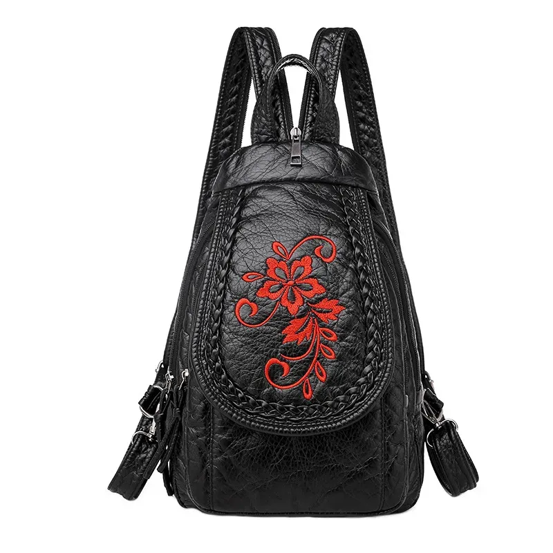sacs à dos en cuir pu pour femmes, petit sac de voyage en cuir souple, sac à dos brodé pour dames