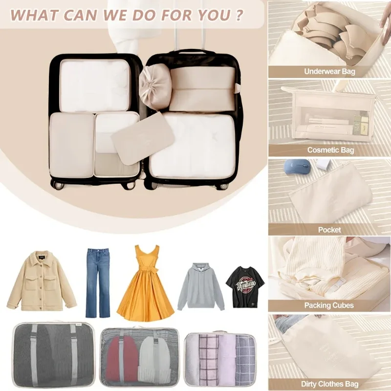 ensemble de 8 organisateurs de voyage, comprenant des cubes de rangement pour vêtements et sous-vêtements, des sacs à cordon et une trousse de toilette, organisateurs de valise inclus.