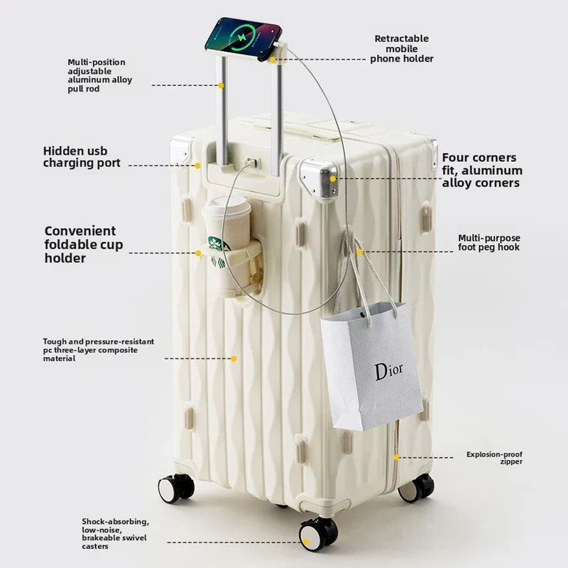 valise de voyage grande taille 24/26/28/30 pouces, valise à fermeture éclair en pc avec porte-gobelet usb, valise à roulettes avec roulettes