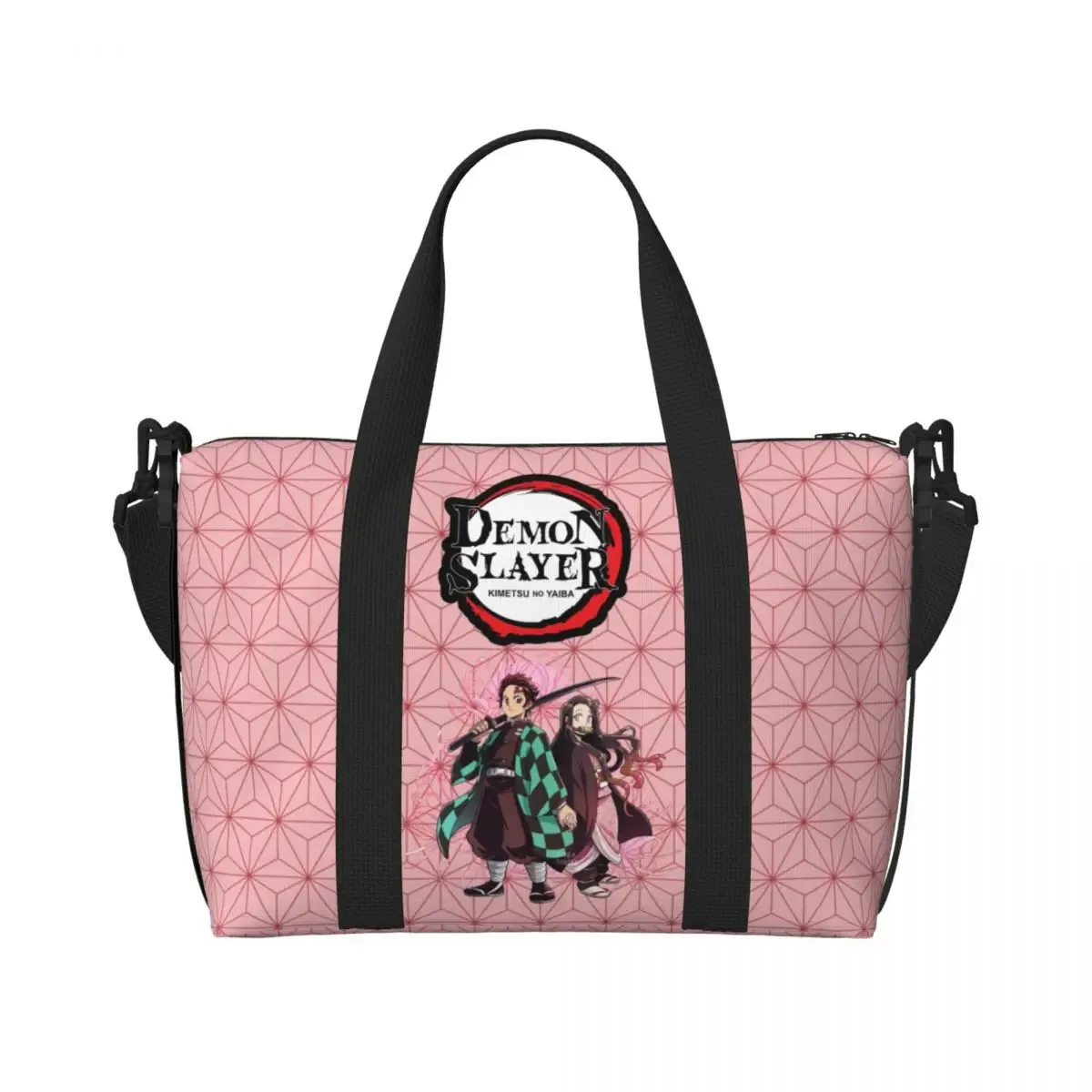 sac fourre-tout de plage personnalisé demons slayers anime manga pour femmes, tanjiro kamado nezuko, grand compartiment, sacs de voyage de plage de gym