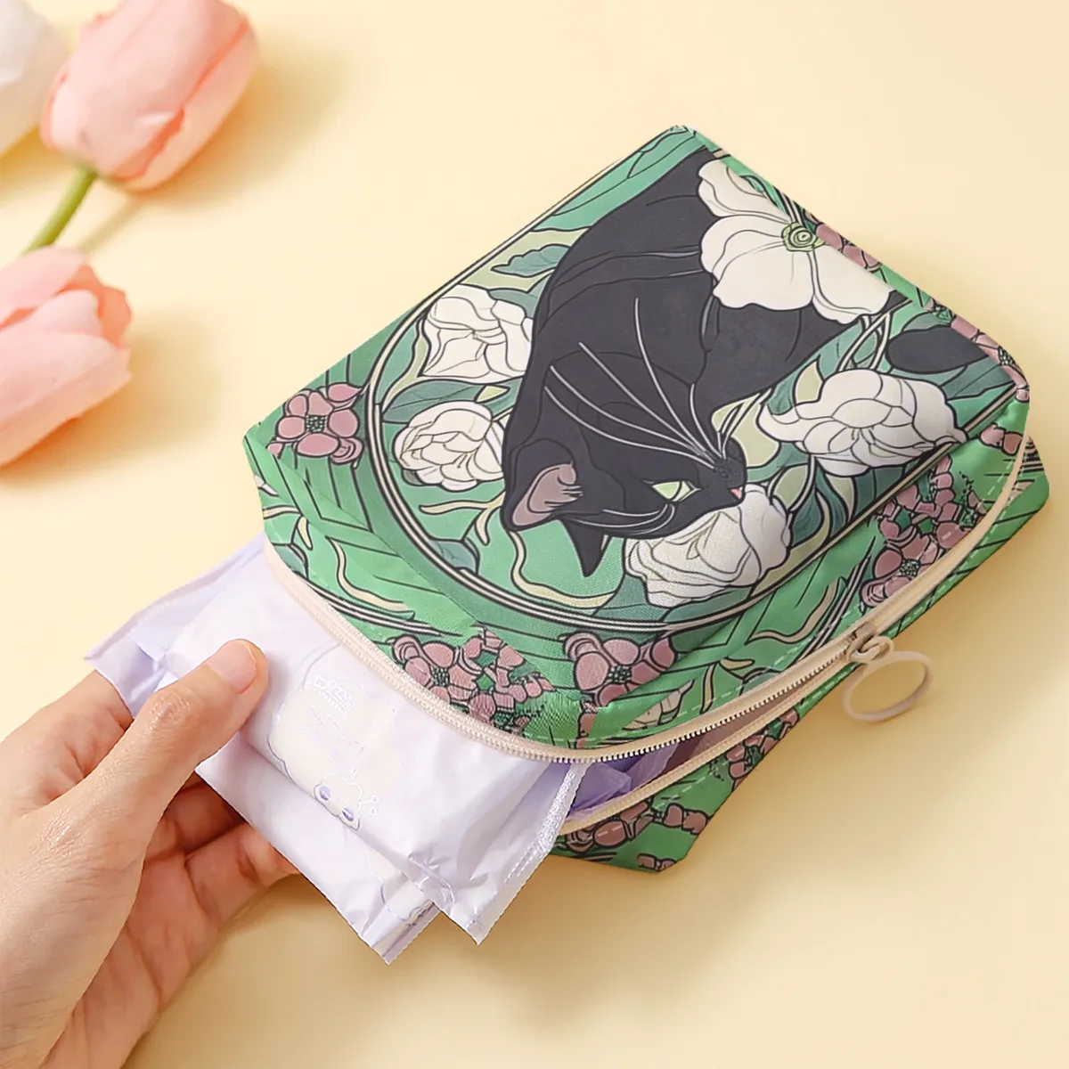 1 sac de rangement pour serviettes hygiéniques imprimé motif chat, sac léger pour mouchoirs pour femmes, sac pour mouchoirs hygiéniques