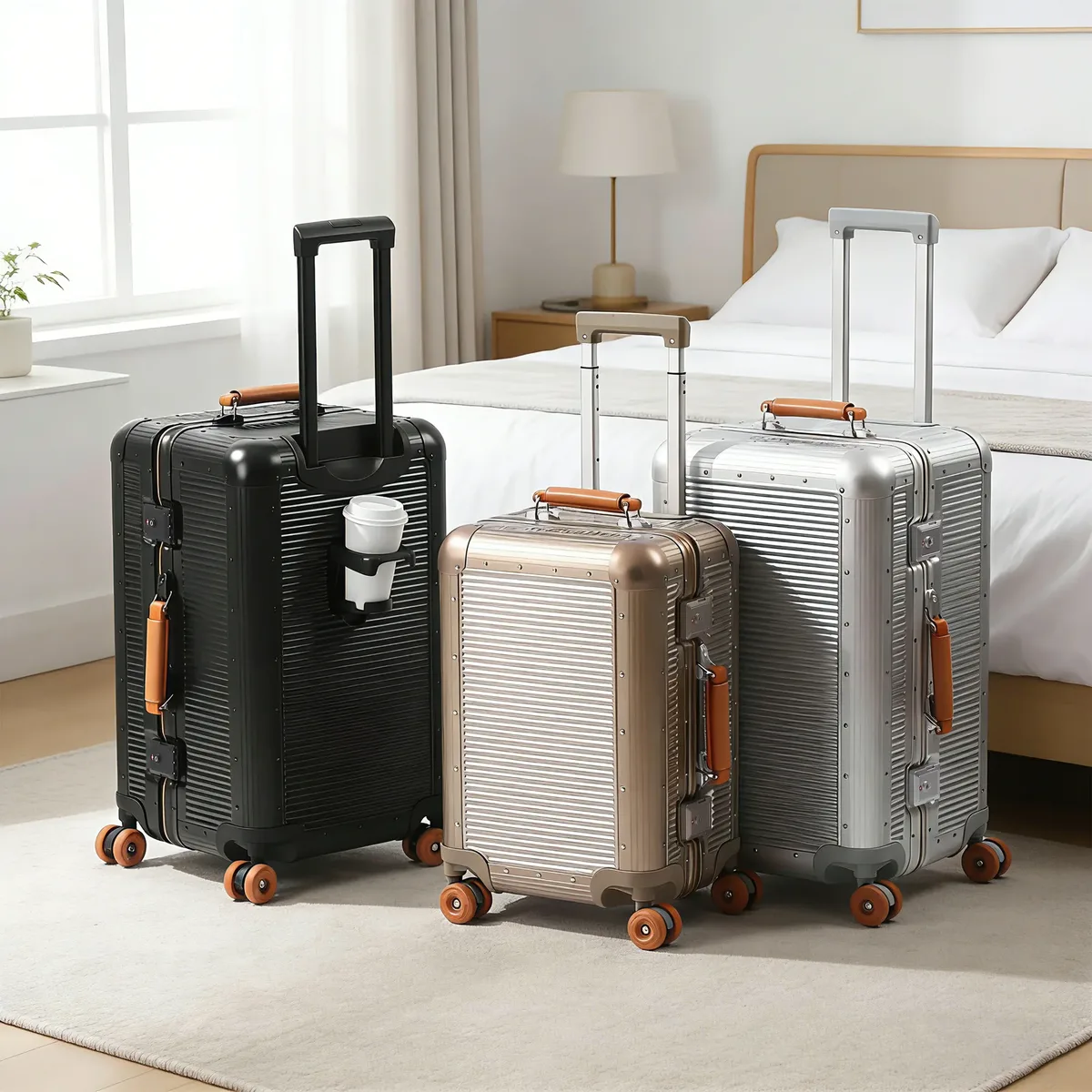 valise en aluminium avec cadre pc, 20/24/28 pouces, grande capacité 3:7, roues silencieuses en gel, serrure tsa, sac de voyage, porte-gobelet et crochet