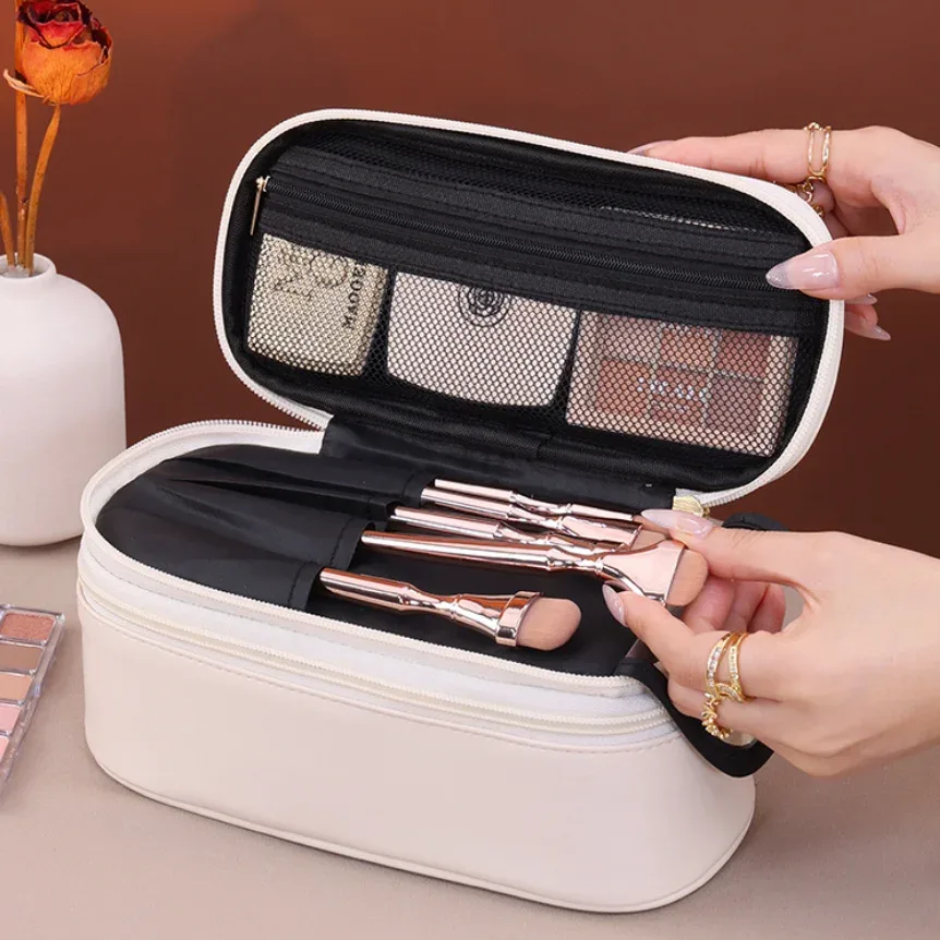 nouvelle trousse de maquillage grande capacité en cuir pu double couche, organisateur de cosmétiques de voyage, pochette de toilette pour essentiels de beauté femme