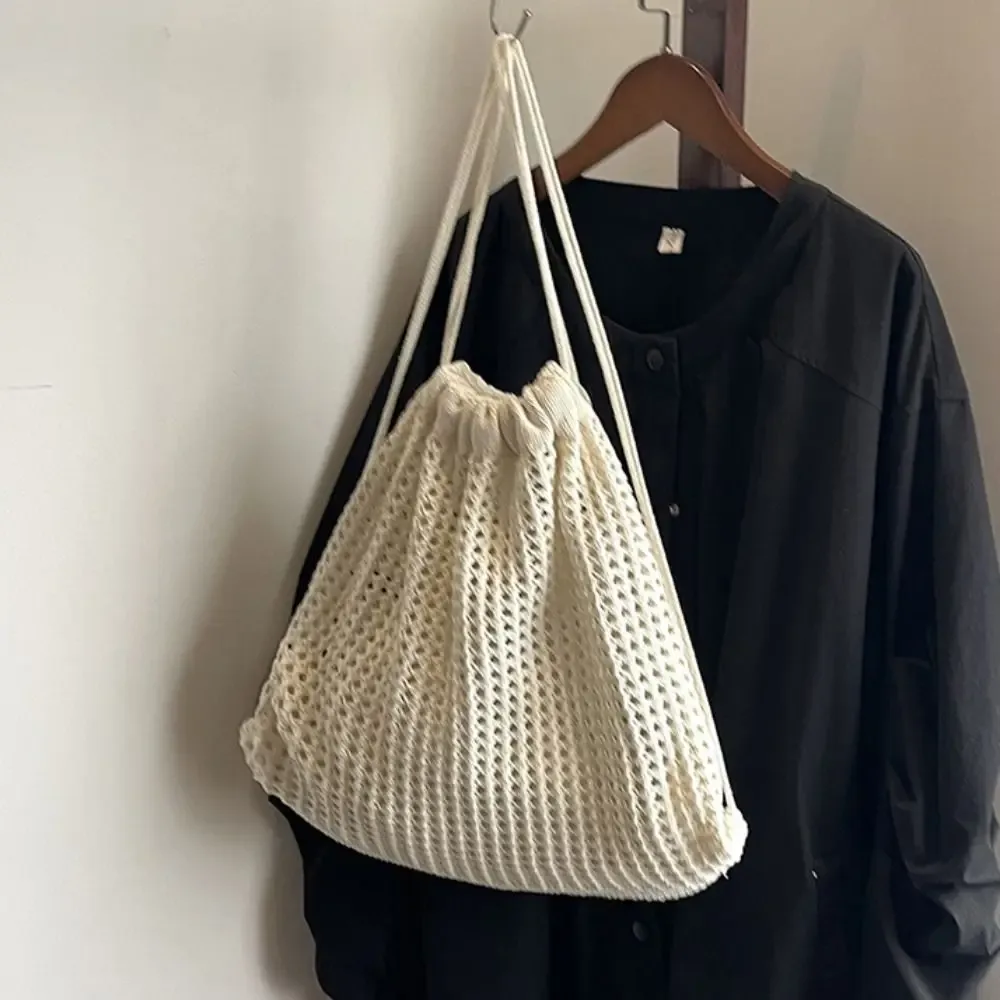 sac à bandoulière en tricot couleur unie grande capacité, sac à dos bohème ajouré au crochet, style décontracté polyvalent