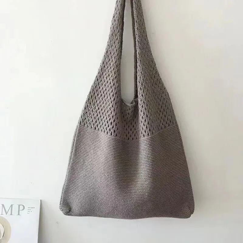 sac fourre-tout en laine tricoté de couleur unie, nom personnalisé, sac de shopping pour femmes, sac à main rétro ajouré, sacs à main doux brodés personnalisés