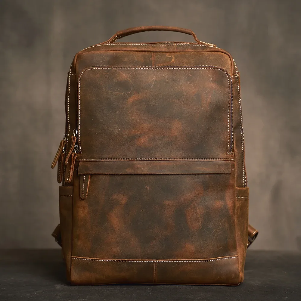 Sac à dos décontracté en cuir véritable pour homme, camping, école, voyage, bureau, ordinateur portable, 17"