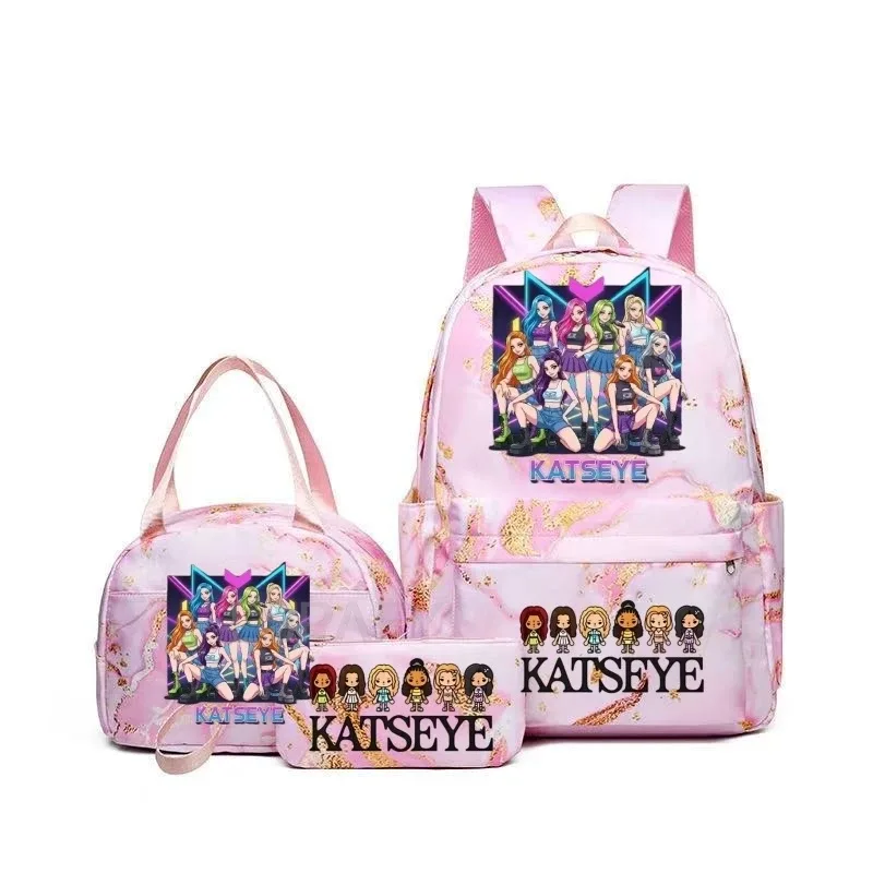 sacs à dos katseye à imprimé amusant avec sacs à lunch, multi-poches, camouflage, pour adolescents, sac à dos de voyage pour ordinateur portable, sac d'école pour femmes, mochila