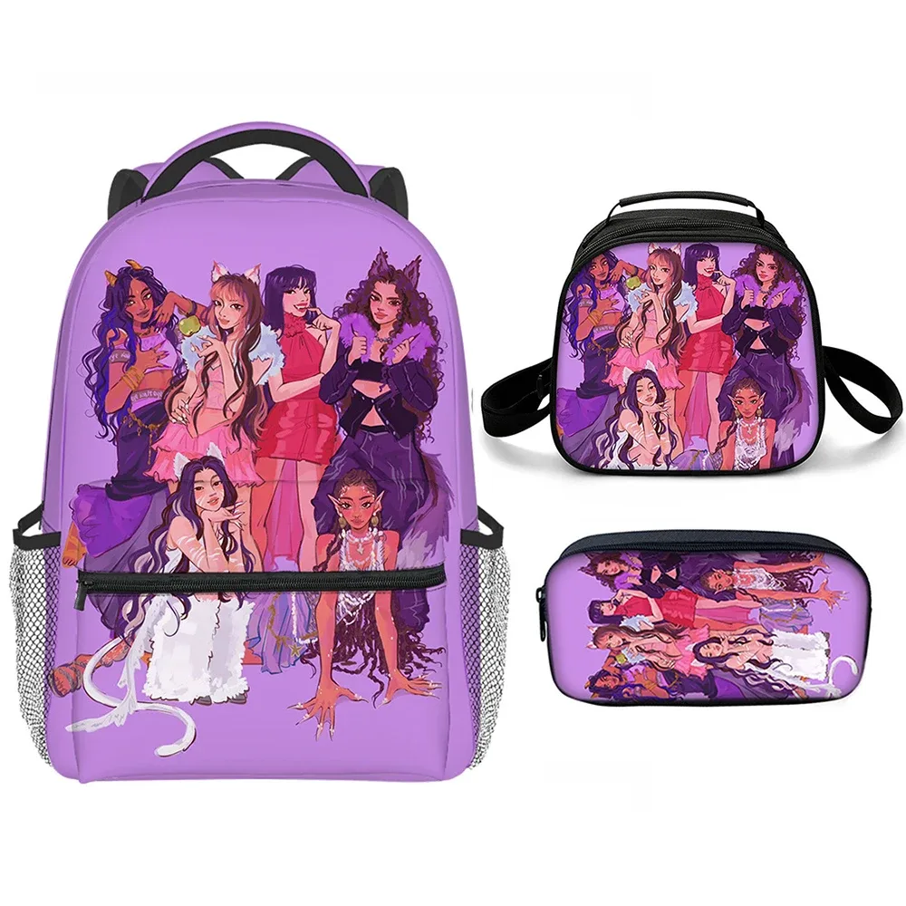 sacs d'école classiques populaires et amusants avec impression 3d katseye, 3 pièces/ensemble, sac à dos pour ordinateur portable, sac à dos de forme semi-circulaire, sac à déjeuner, trousse à crayons