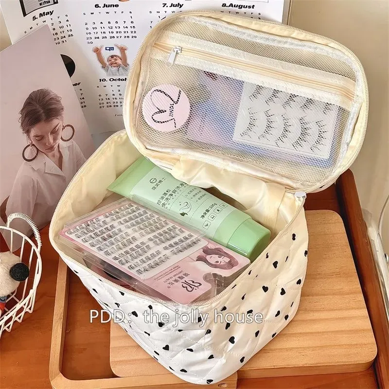 sac à main de maquillage en coton matelassé pour femmes, trousse de toilette portable, forme de boîte, fermeture éclair, évaluation cosmétique, femme, fille, mignon