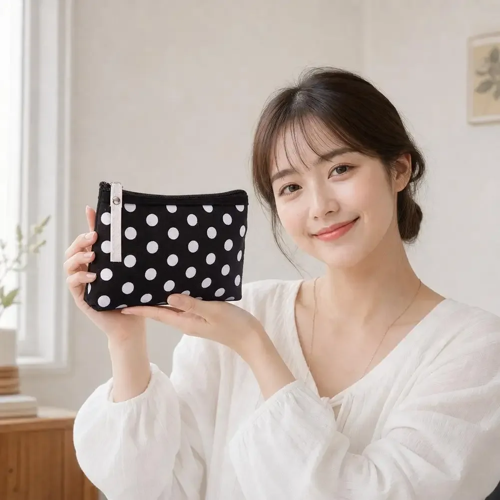 sac de maquillage en toile à pois pour femmes, pochette à cosmétiques, petit sac de rangement portable pour articles de toilette de voyage, sac à clés pour téléphone et cosmétiques