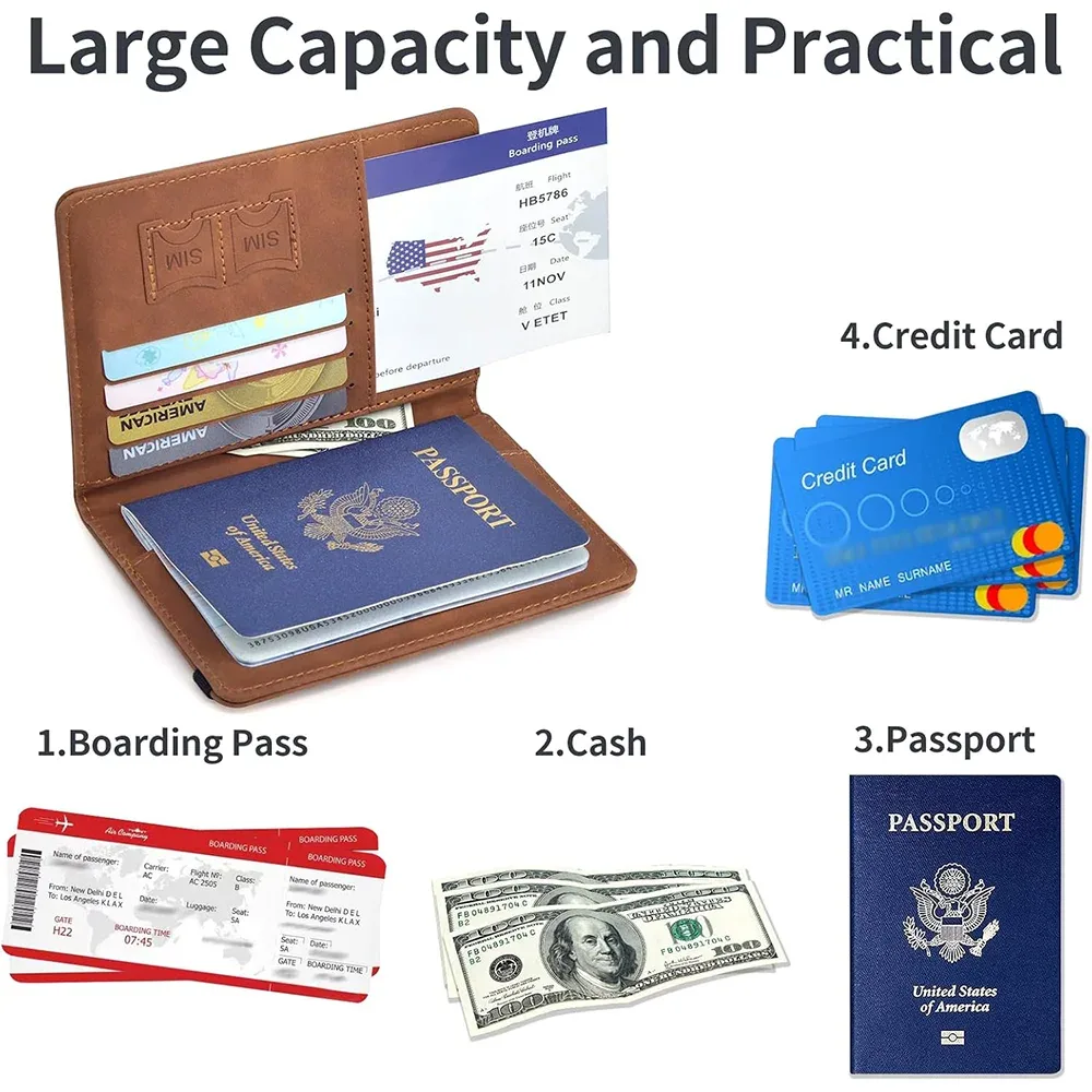 porte-passeport, couverture de passeport avec emplacement pour cartes de crédit, étui portefeuille pour passeport, indispensable pour les voyages, blocage rfid, en cuir, pour voyage a