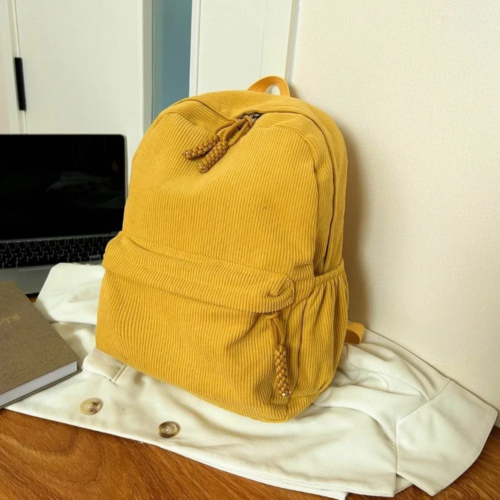sac à dos léger en velours côtelé, grande capacité, couleur unie, sac d'école pour étudiants, sac à dos portable de style japonais pour femmes