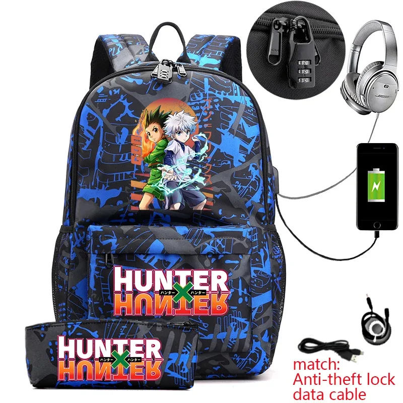 Sac à dos Hunter x Hunter Anime pour étudiants, sac à dos antivol décontracté avec trousse à crayons pour garçons et filles, sac d'école