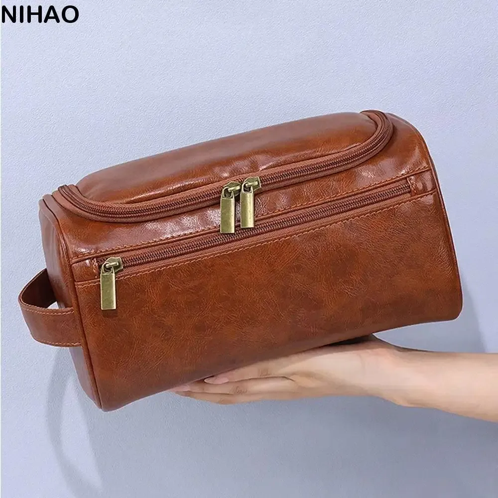 Trousse de toilette multifonctionnelle en cuir PU pour hommes, imperméable avec crochet de suspension, trousse de maquillage avec poignée, sac à main de voyage de grande capacité