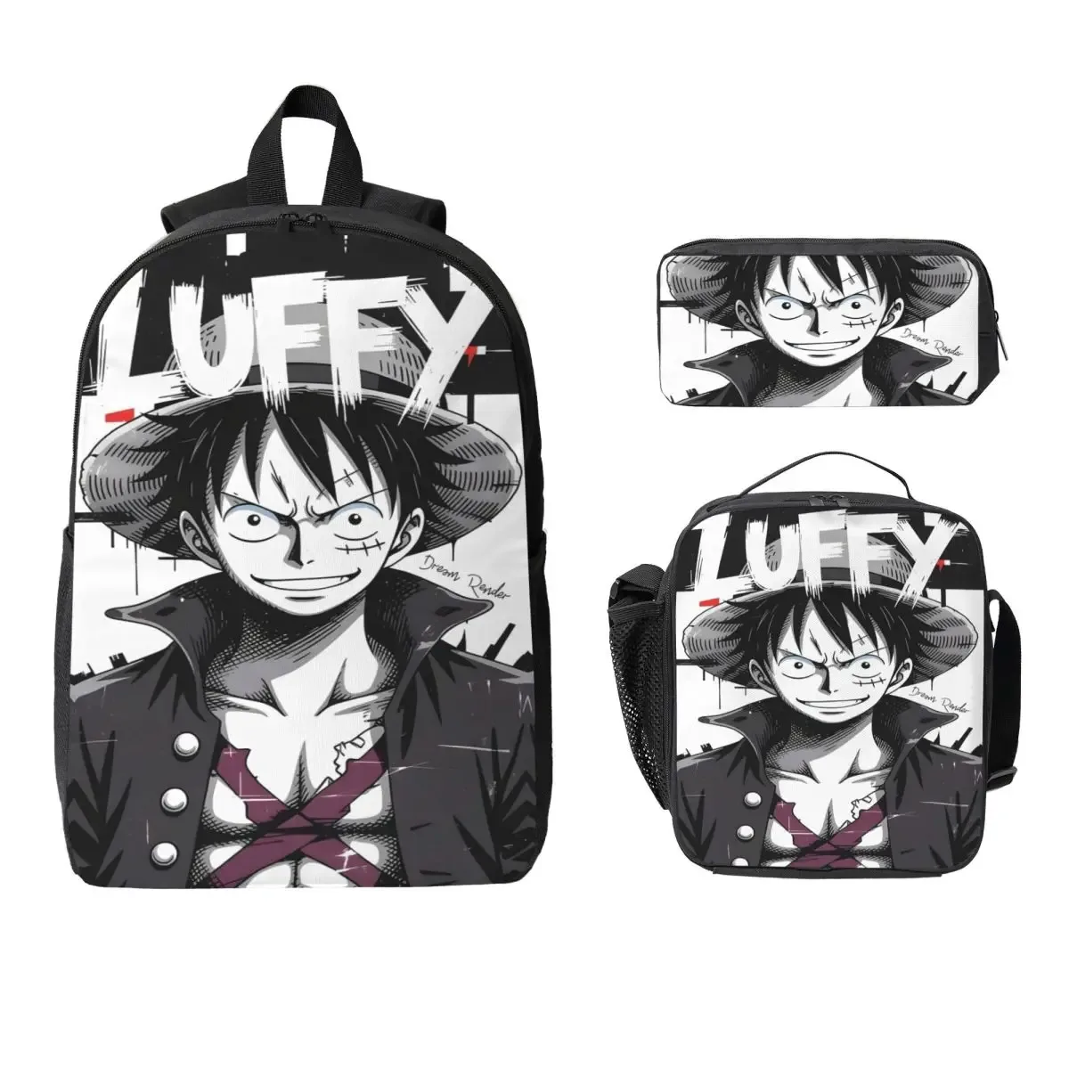 ensemble de 3 sacs à dos luffy one piece pour enfants, avec trousse à crayons, sac à livres et boîte à lunch pour les élèves.