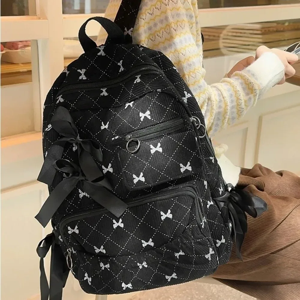 sac à dos scolaire en velours côtelé à nœud, style ins, imprimé nœud, polyvalent, grande capacité, pour étudiants et femmes