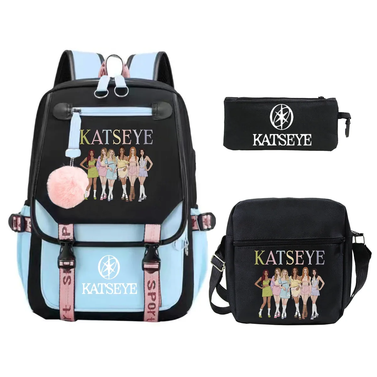 sac à dos katseye pour garçons et filles, ensemble de 3 pièces, sac à bandoulière, trousse à crayons, grande capacité, sac à dos pour étudiants, sac à dos d'extérieur
