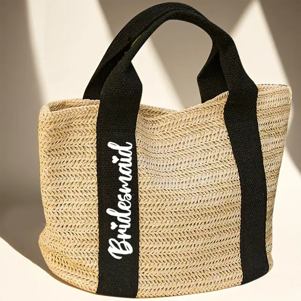 sac fourre-tout tissé en paille avec texte personnalisé, cadeaux de demoiselle d'honneur personnalisés, cadeaux de fête d'enterrement de vie de jeune fille, sac de plage en toile de jute