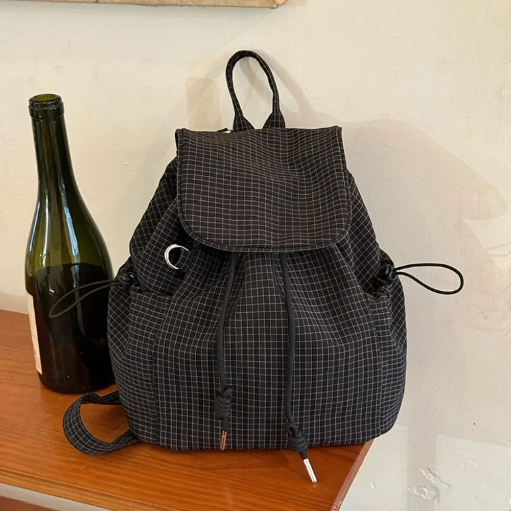 sacs à dos simples de couleur unie avec cordon de serrage, sacs à bandoulière coréens en toile plissée, sacs à dos décontractés légers en nylon à carreaux, unisexe