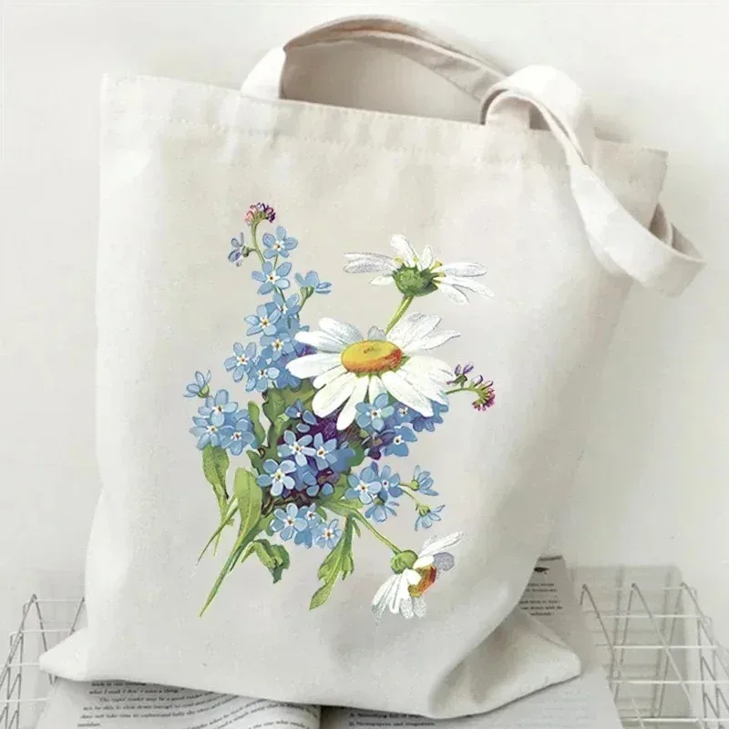 sac fourre-tout en toile décontracté peinture à l'huile fleurs sauvages imprimer dame sac à bandoulière style plante marguerite vintage fleur femmes sac à main