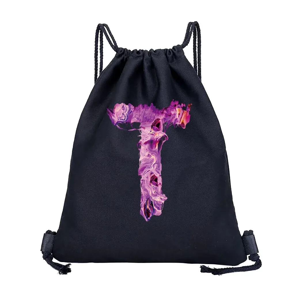 sac à dos avec cordon de serrage imprimé avec 26 initiales, sac de voyage léger et portable pour la plage, le sport, sac multifonctionnel pour articles divers