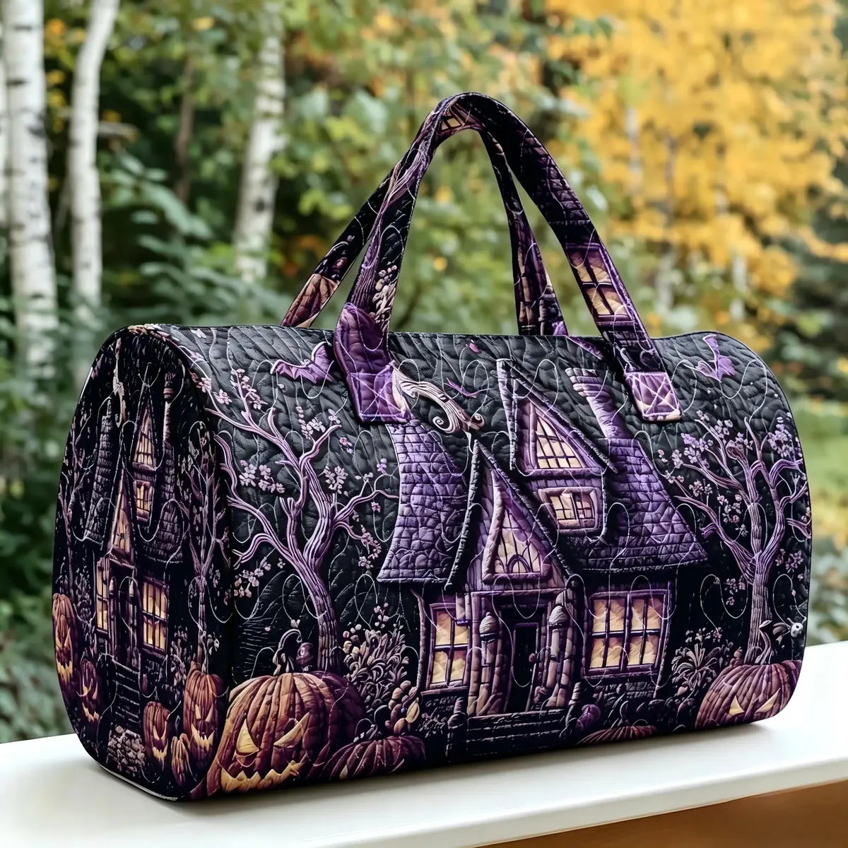 sac de voyage matelassé halloween, motif château fantôme, sac de week-end grande capacité, sac de voyage d'automne, sac de sport, sac de nuit pour femme, sac fourre-tout pour courts séjours.