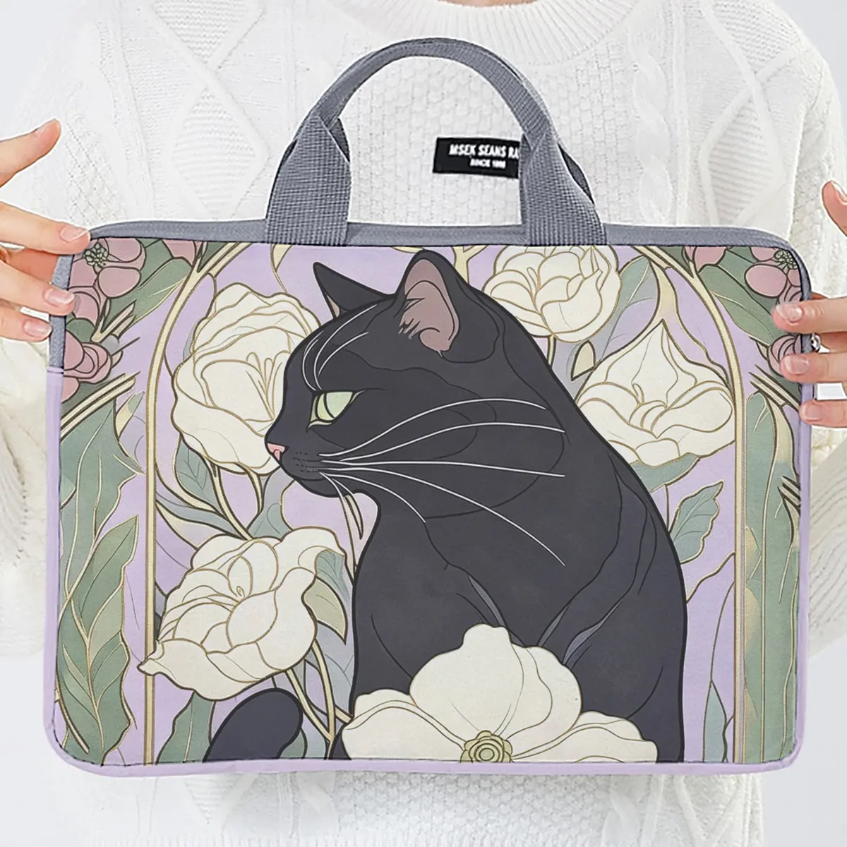 1 pièce, deux styles, sac pour ordinateur portable imprimé motif camélia et chat noir, housse souple en tissu pour ordinateur portable, convient aux ordinateurs portables de 14 pouces
